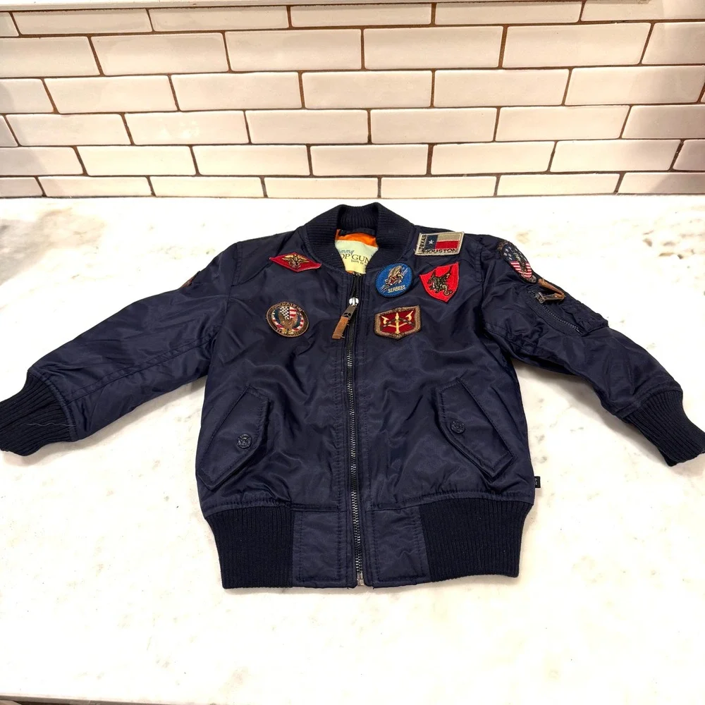 Kids Tommy Top‎ Gun Bomber Jacket Navy Blue Orange Lined Patches Size 2T